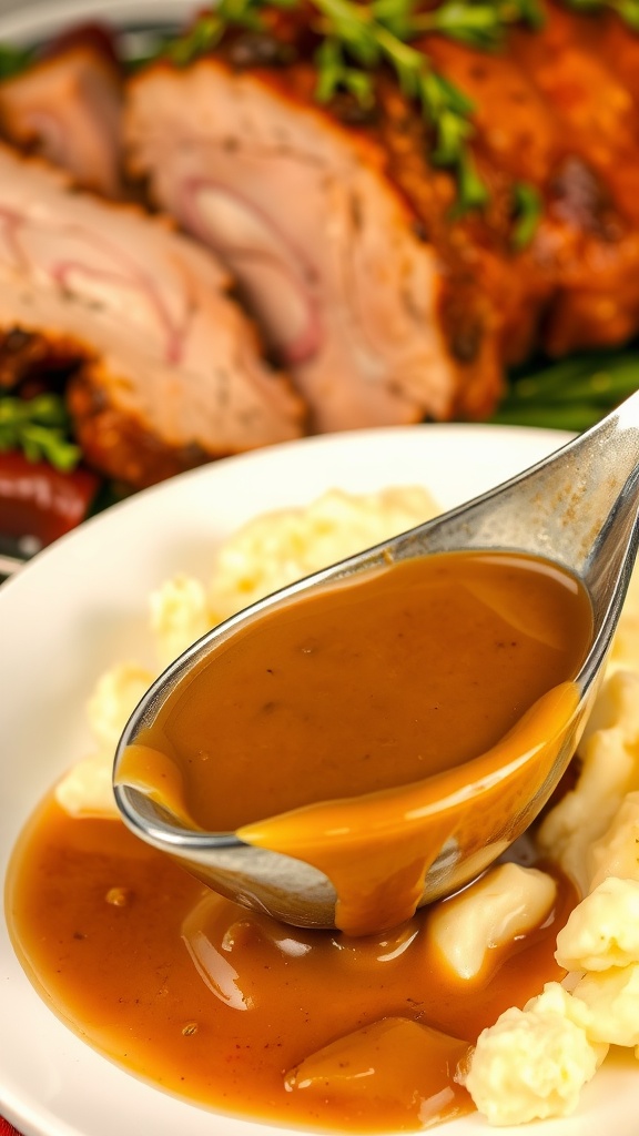 A bowl of savory pork gravy next to mashed potatoes and a roasted pork dish, all presented elegantly on a table.